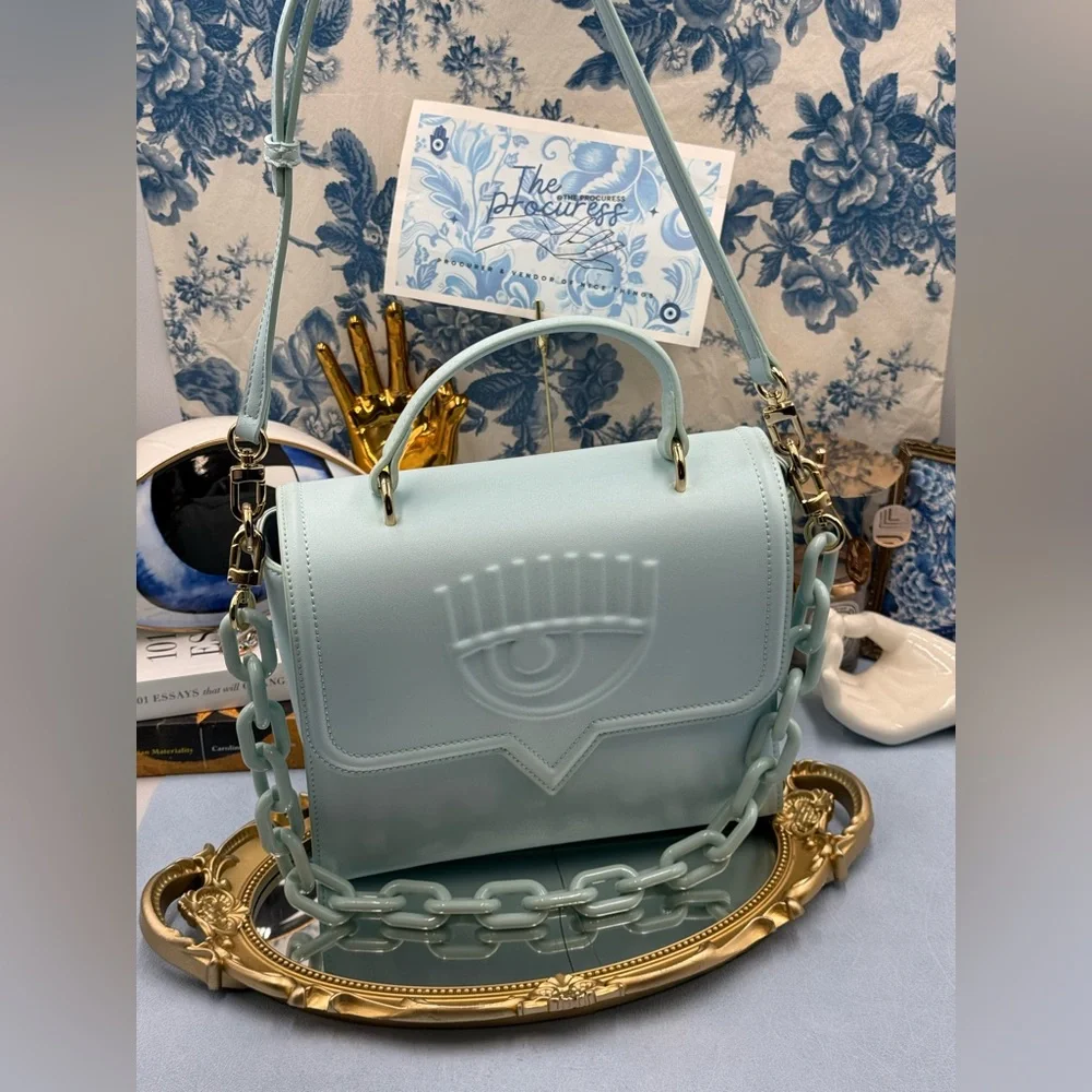 🆕 CHIARA FERRAGNI 🧿 NWOT Pale Blue Eyelike Tote Bag, Top Handle, Chain & Strap